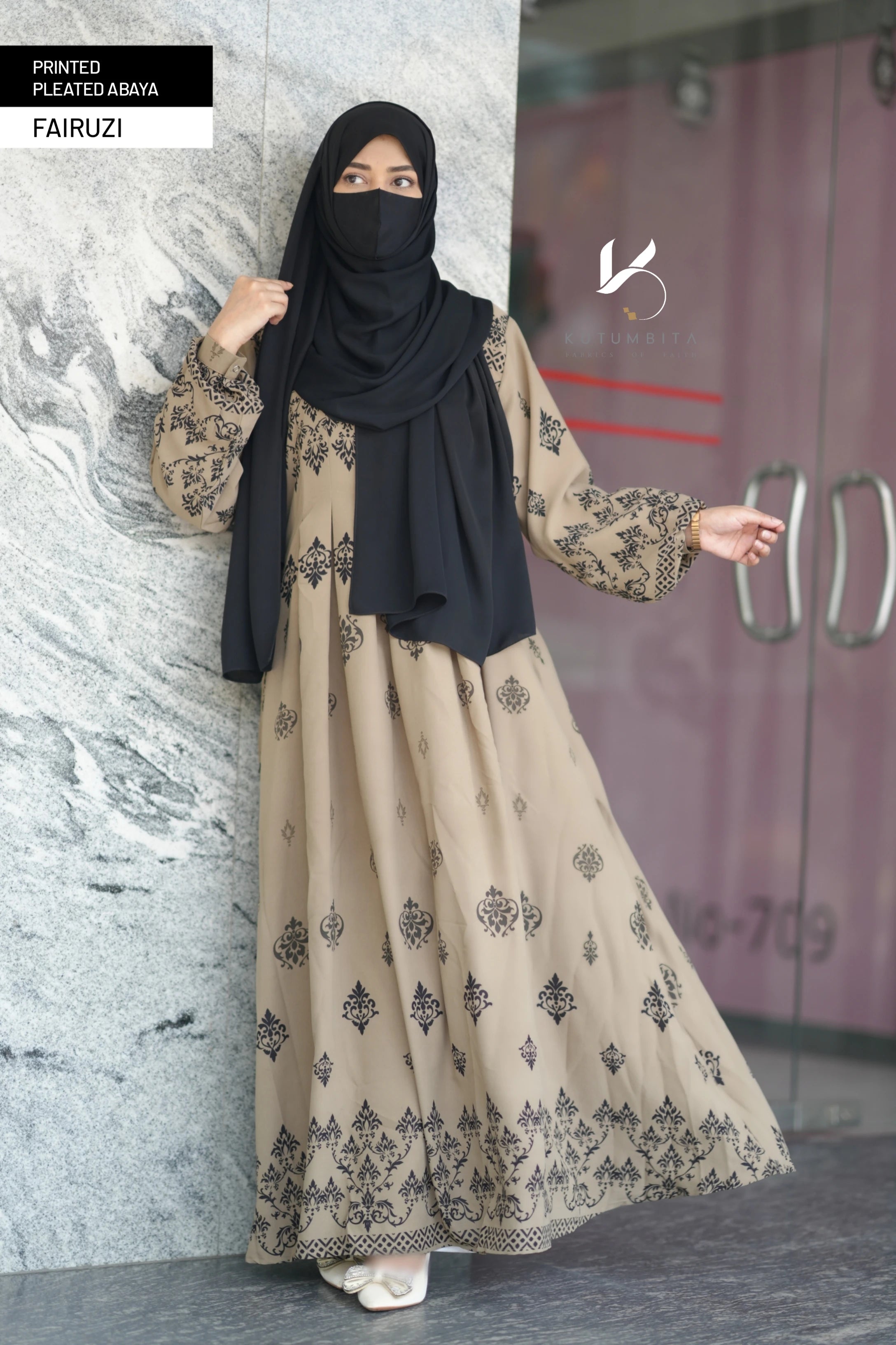 Printed Pleated Abaya  - Fairuzi