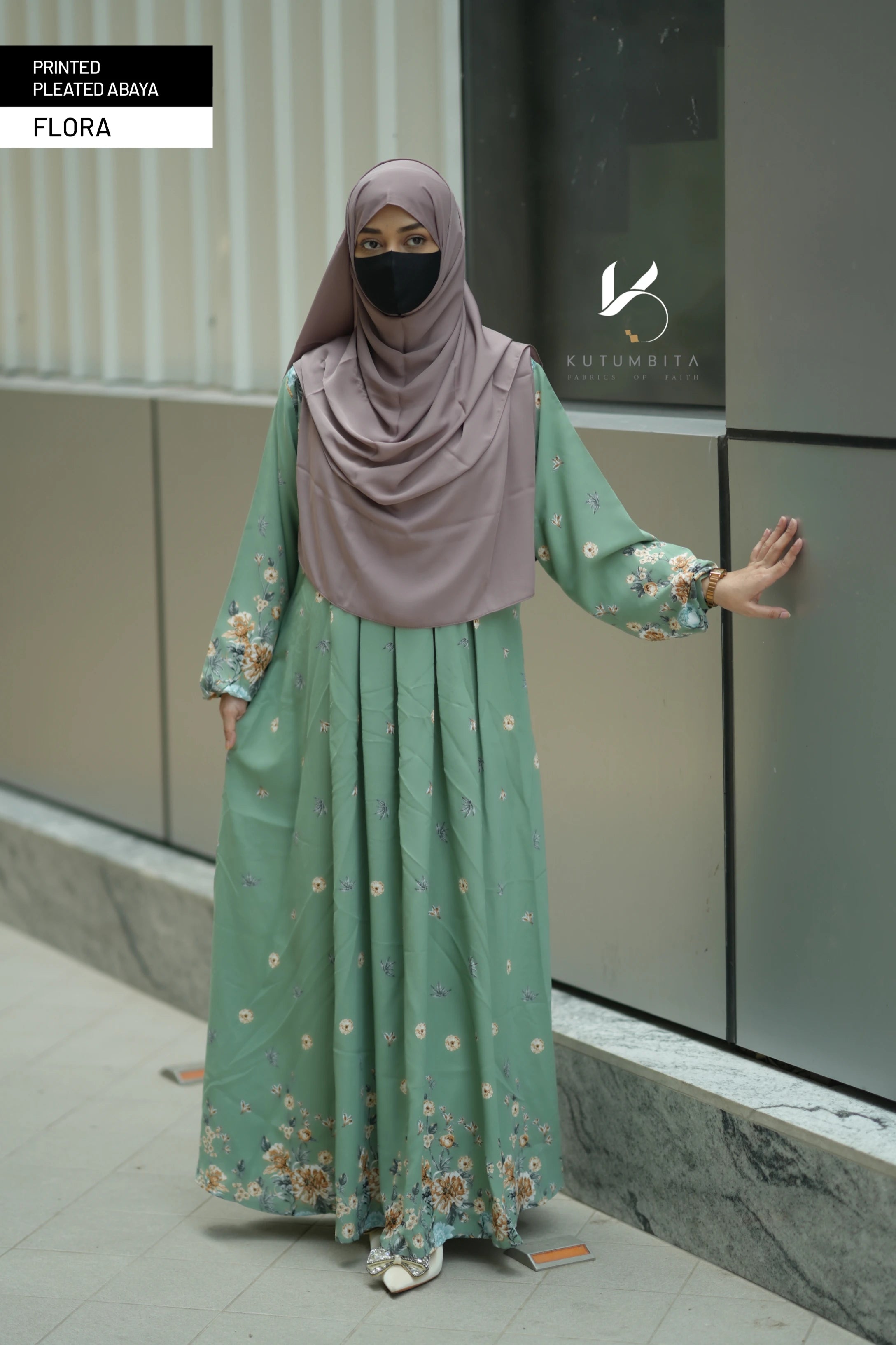 Printed Pleated Abaya  - Flora