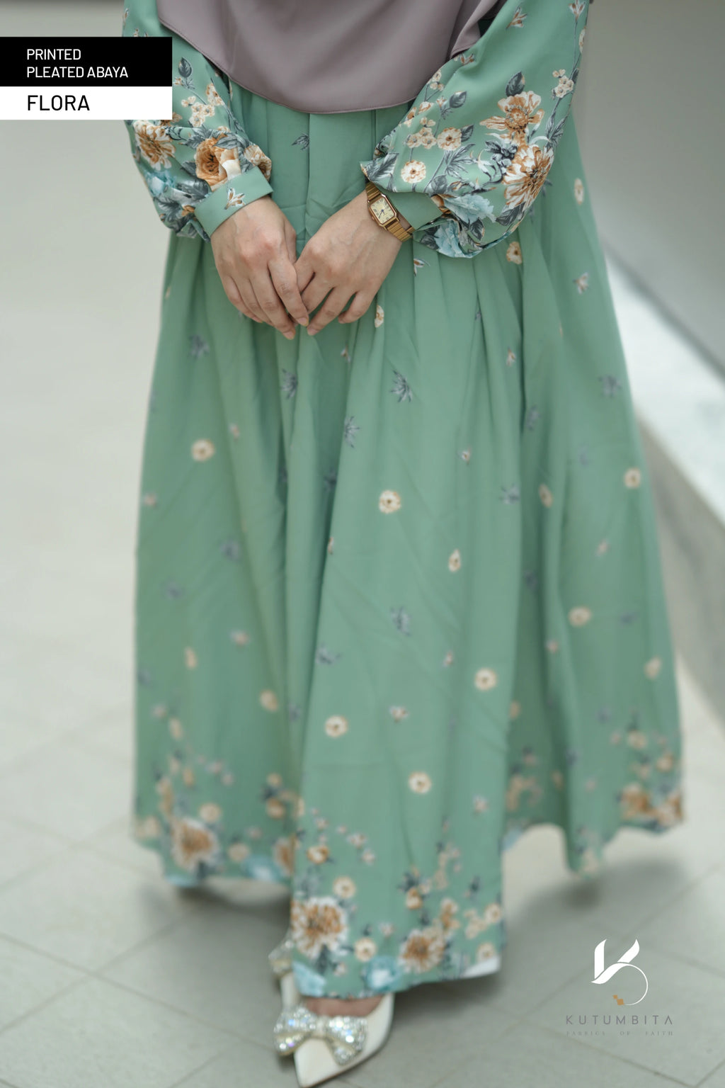 Printed Pleated Abaya  - Flora