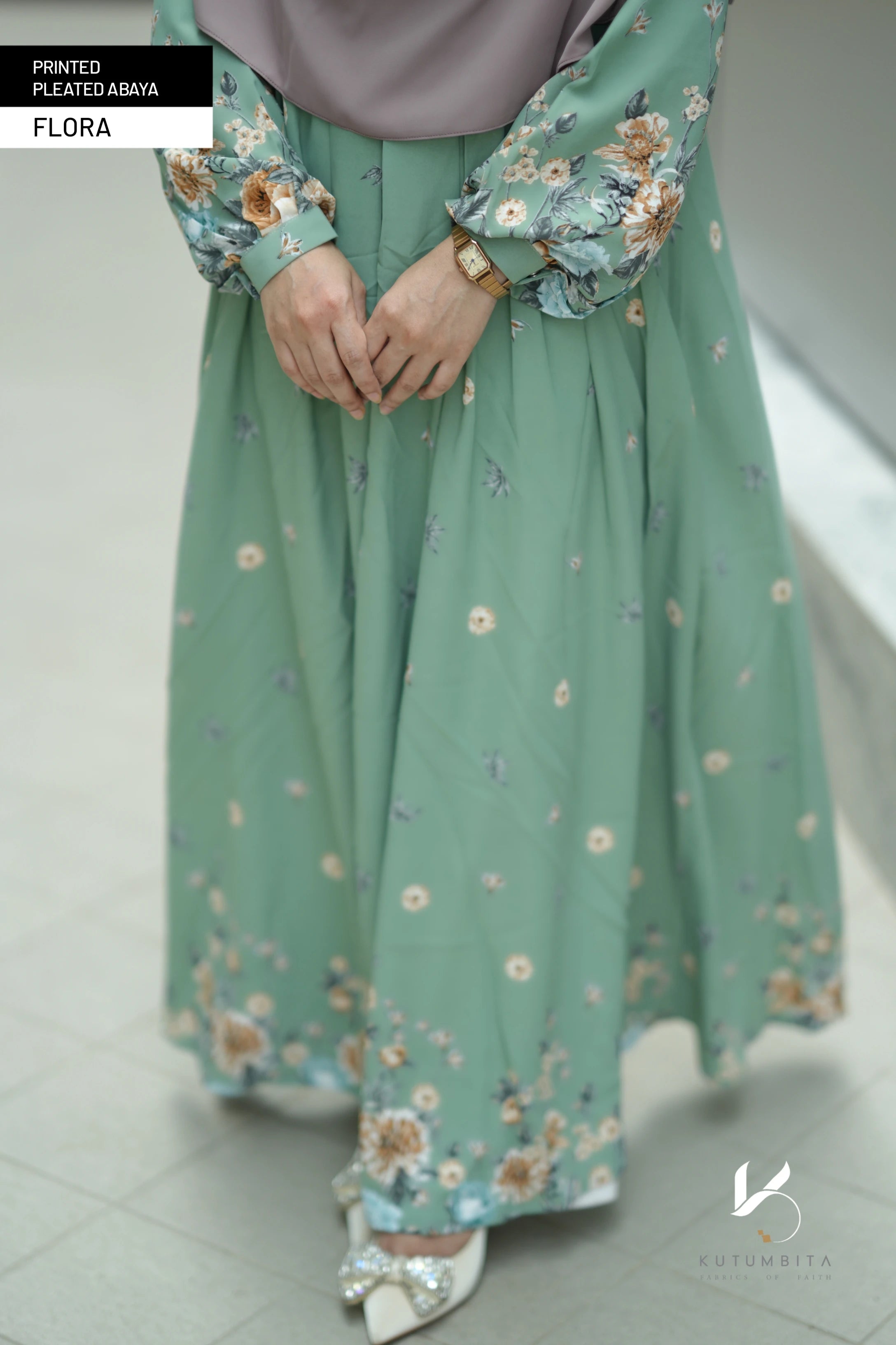 Printed Pleated Abaya  - Flora