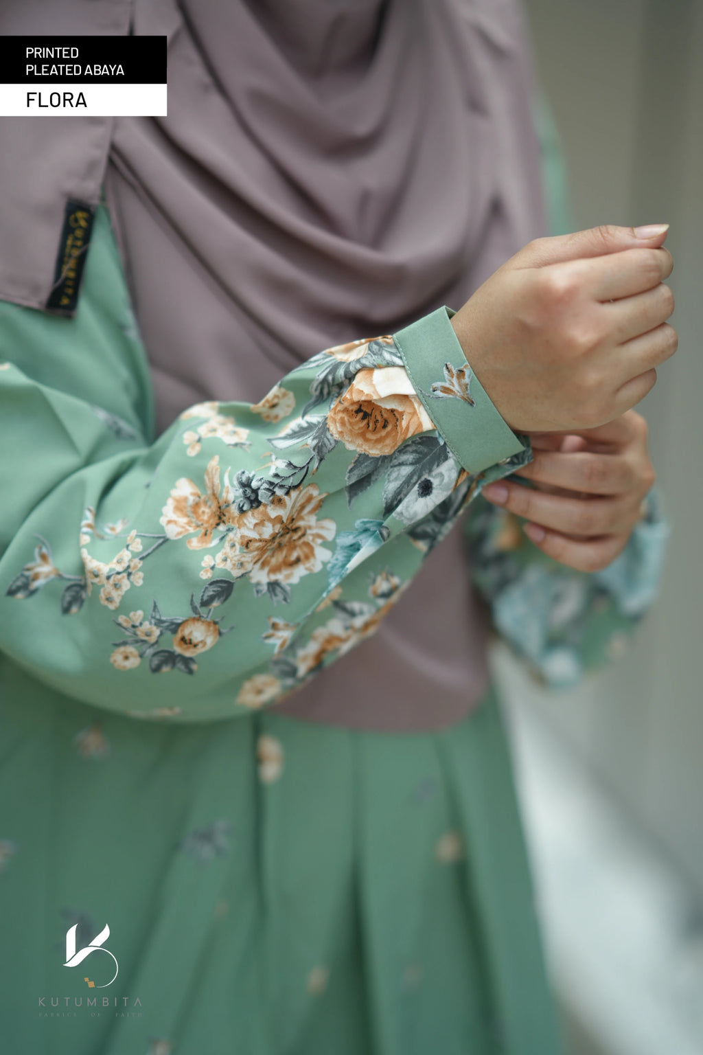 Printed Pleated Abaya  - Flora