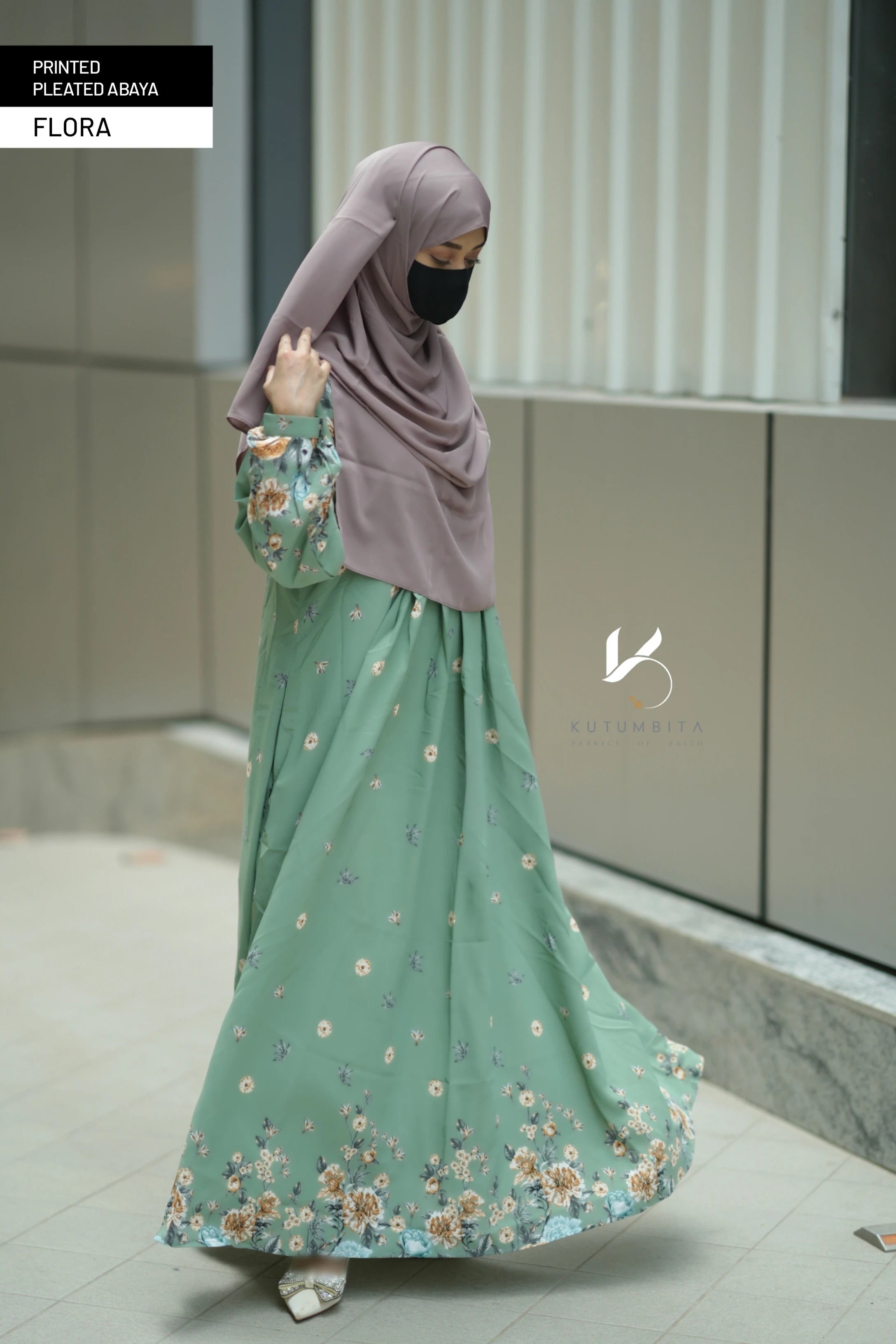 Printed Pleated Abaya  - Flora