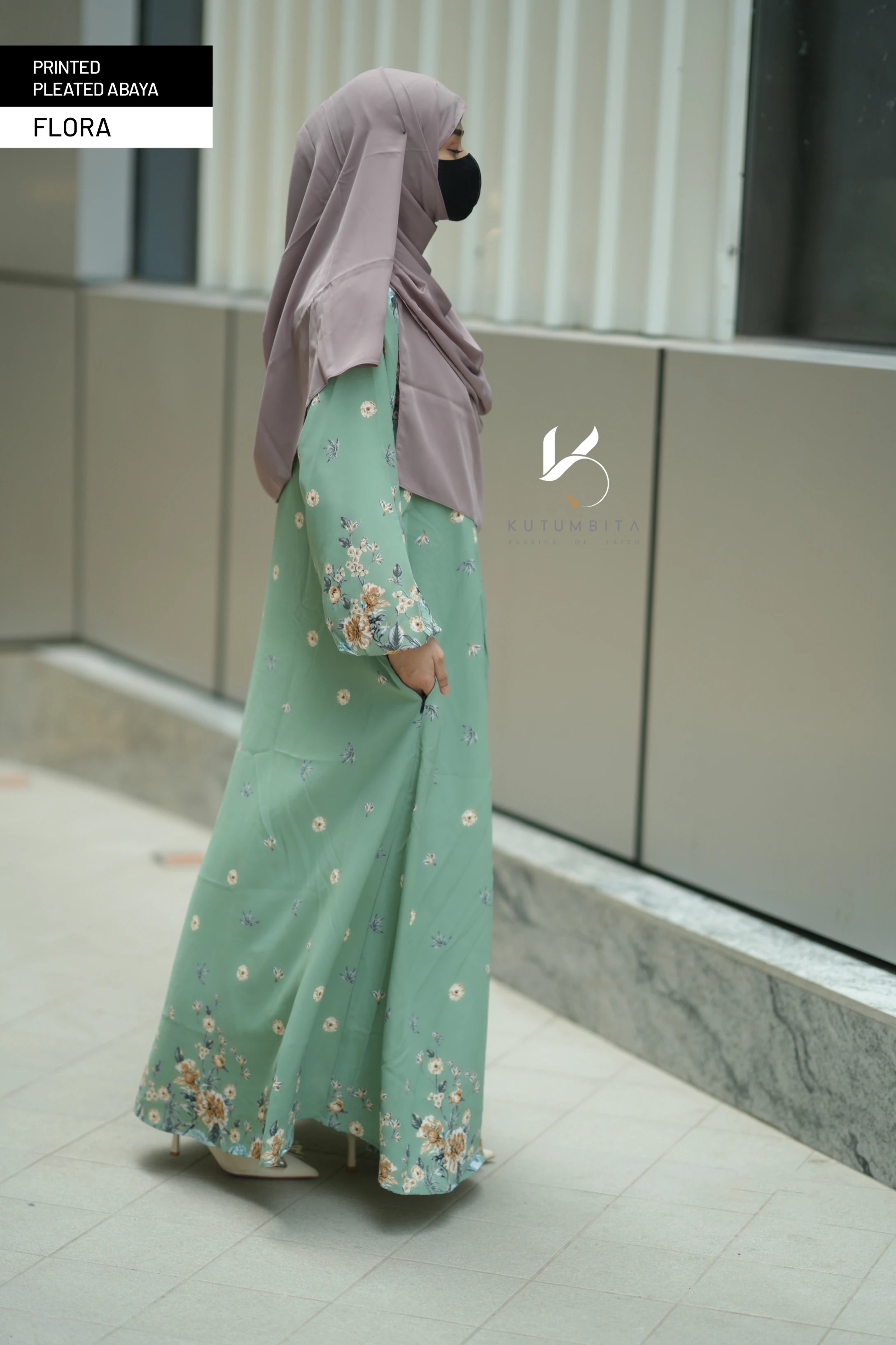 Printed Pleated Abaya  - Flora