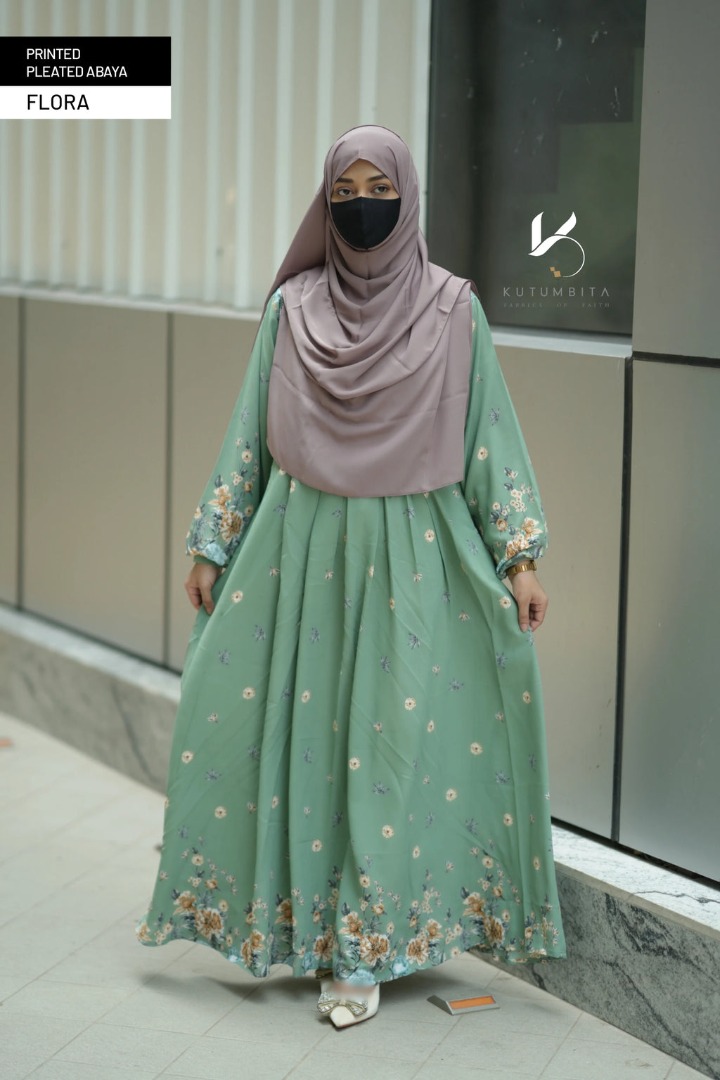 Printed Pleated Abaya  - Flora