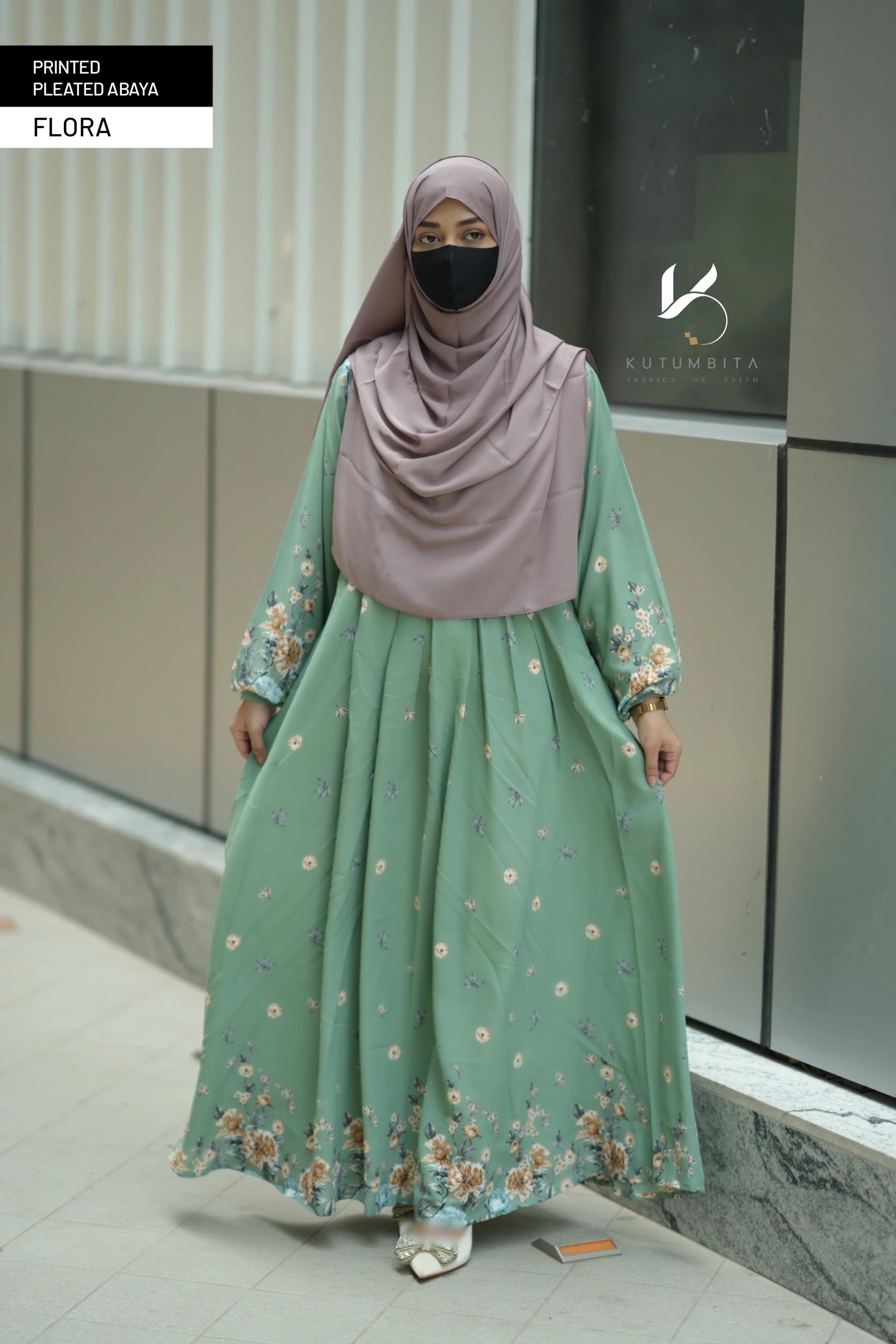 Printed Pleated Abaya  - Flora