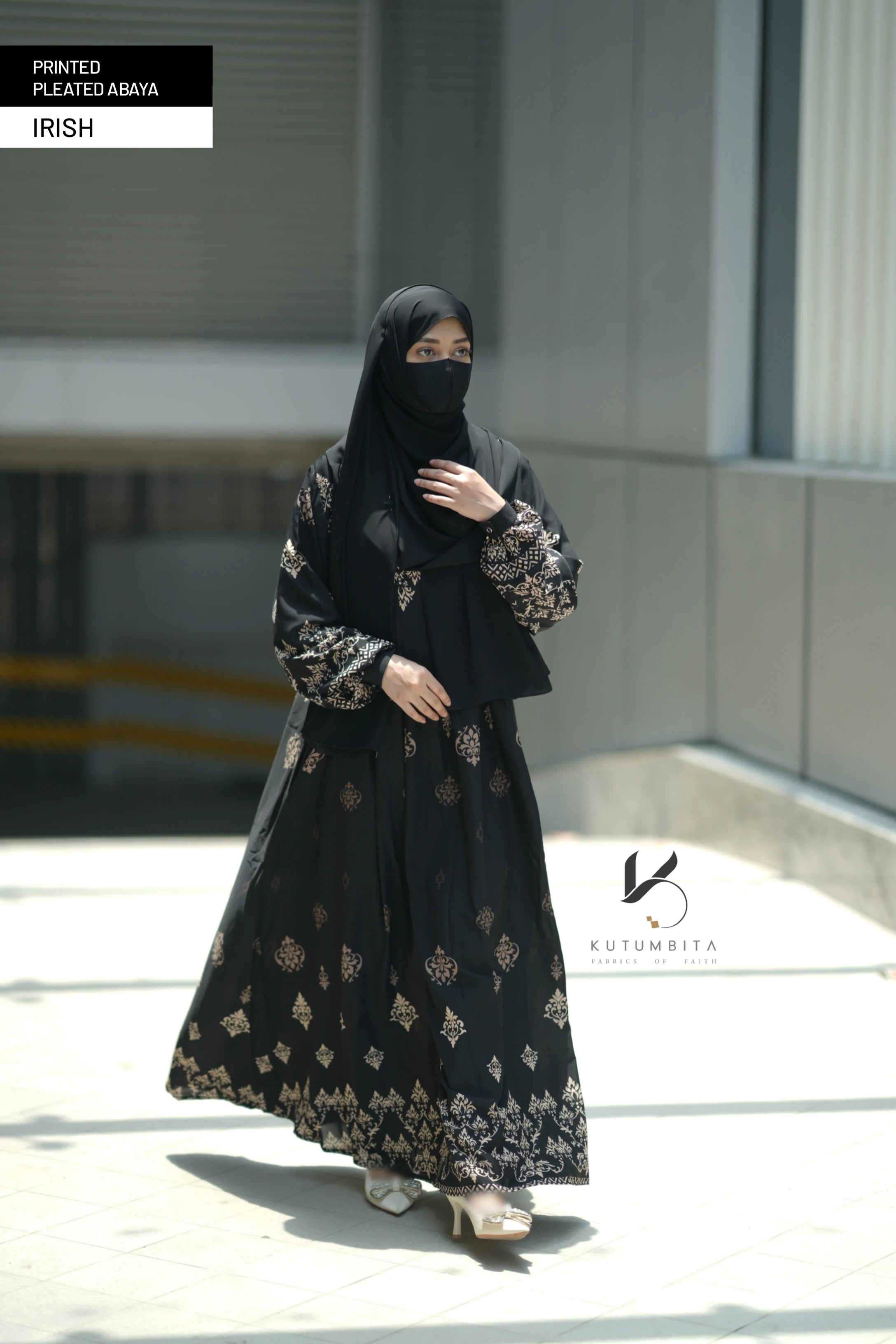 Printed Pleated Abaya  - Irish