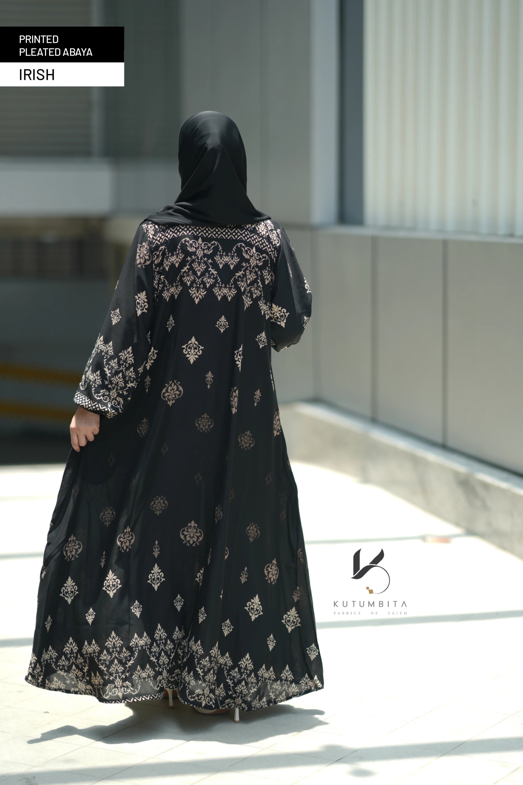 Printed Pleated Abaya  - Irish