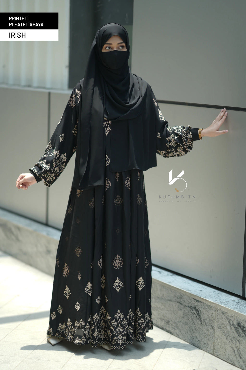 Printed Pleated Abaya  - Irish