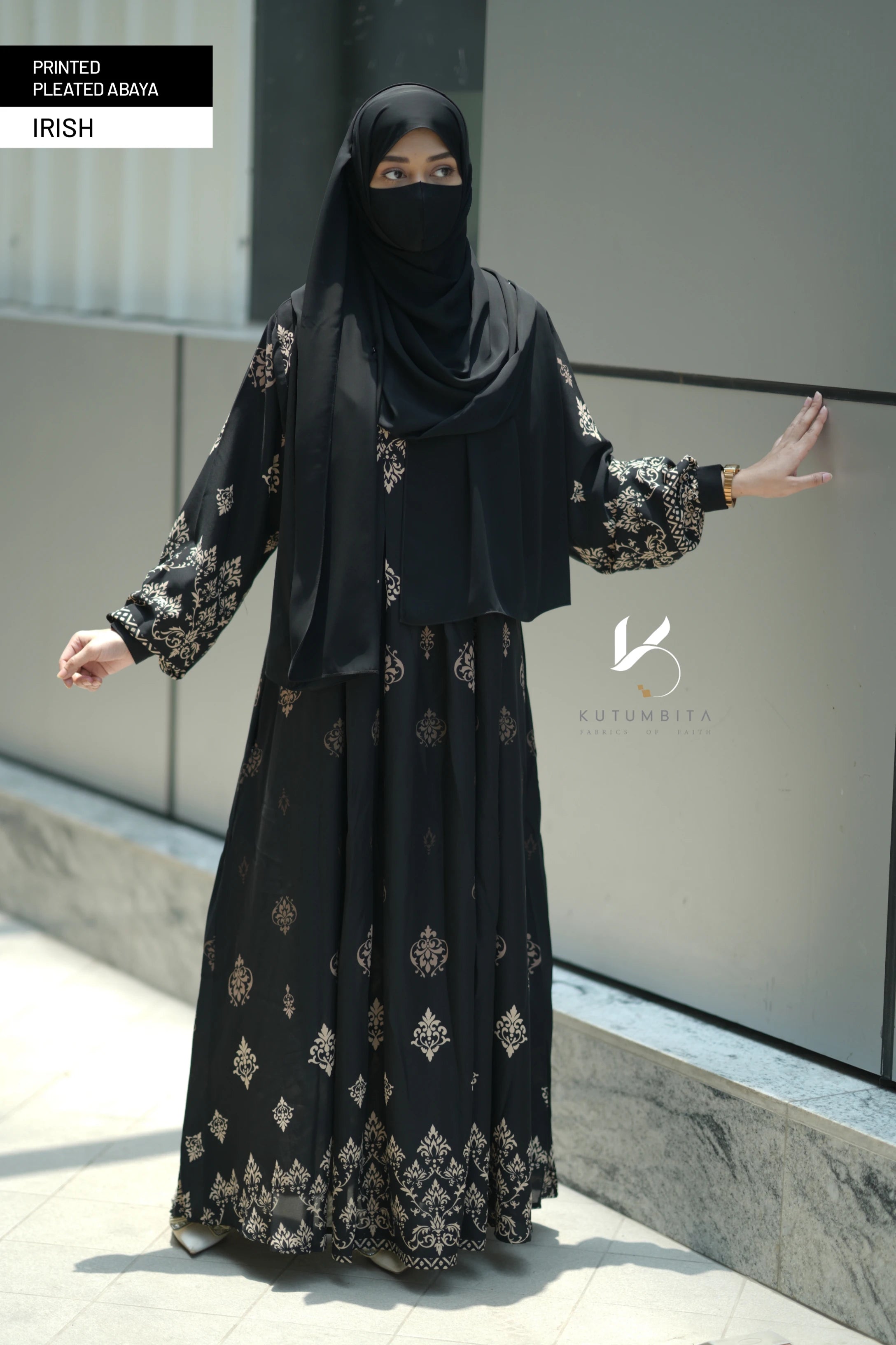 Printed Pleated Abaya  - Irish