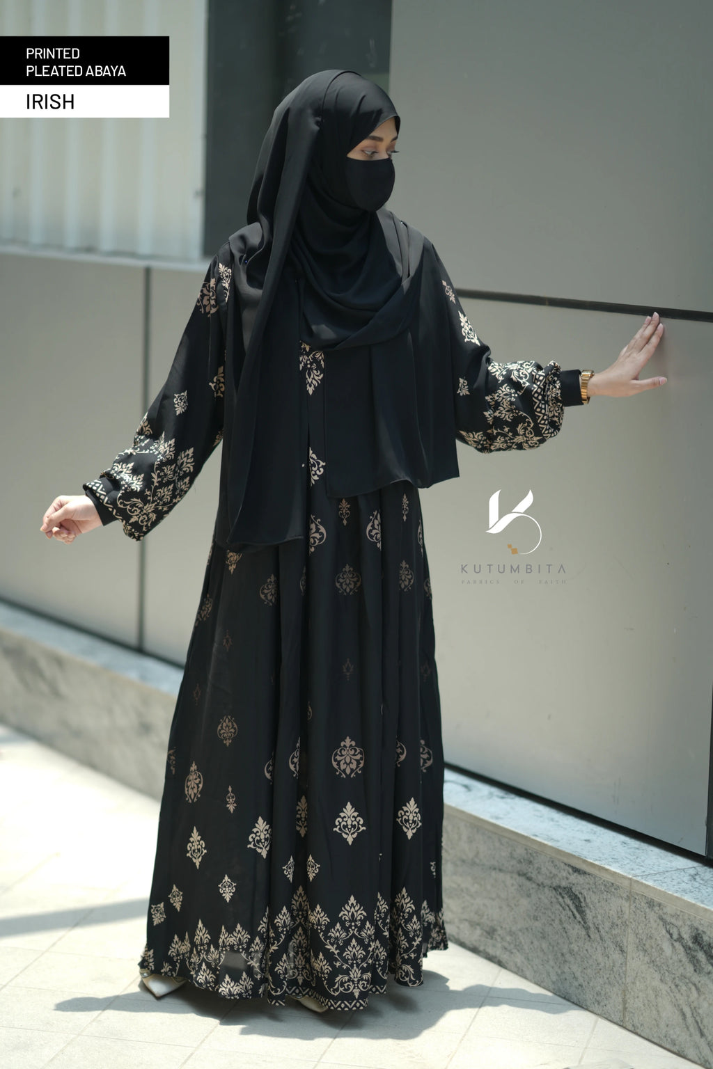 Printed Pleated Abaya  - Irish