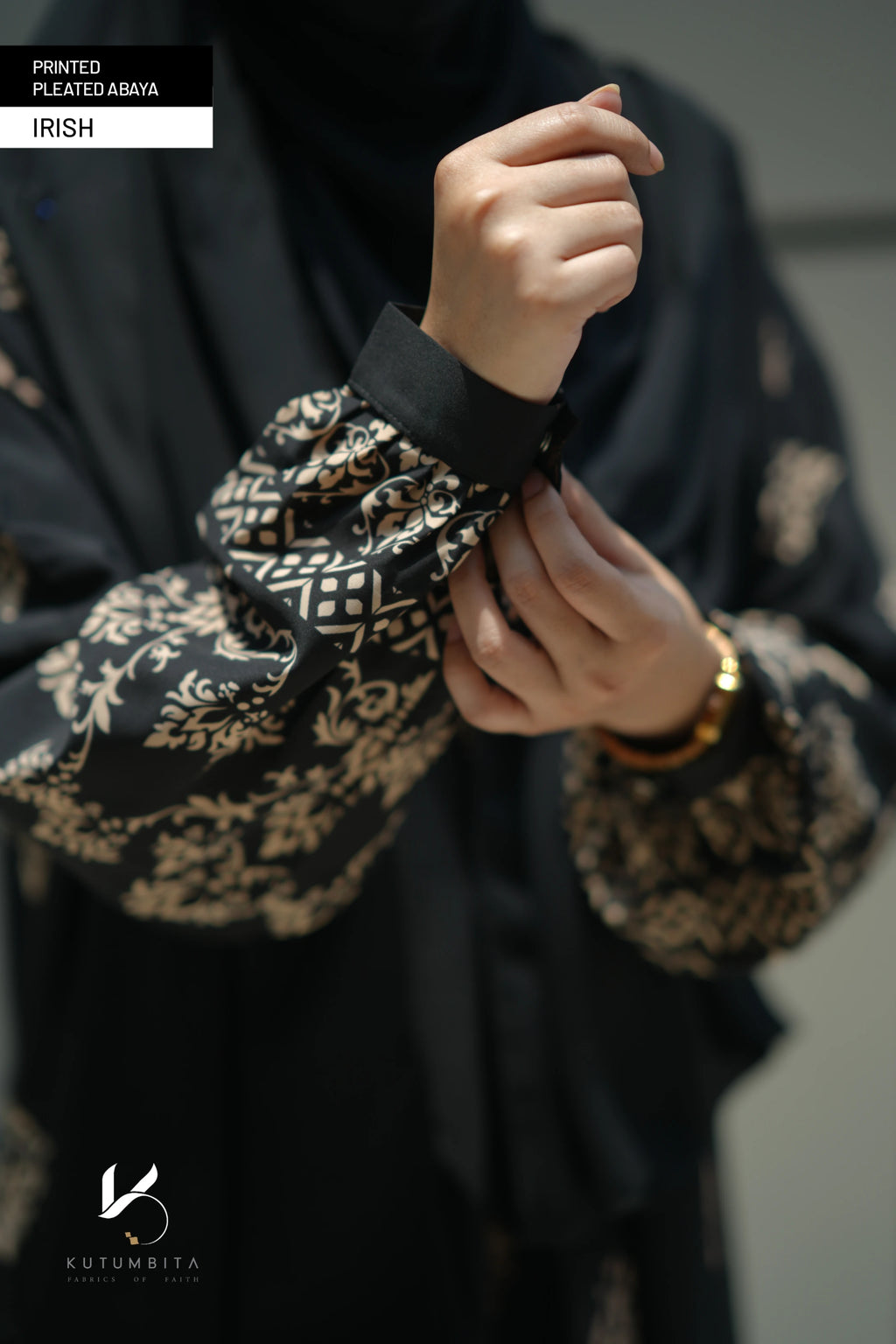 Printed Pleated Abaya  - Irish